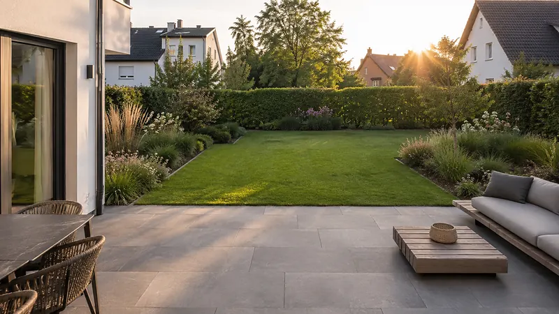 Fertig angelegter Privatgarten mit großer Terrasse, Rasenfläche und Staudenbeeten im Abendlicht