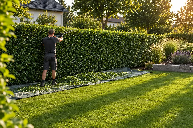 Mitarbeiter schneidet eine hohe Ligusterhecke, Schnittgut liegt auf einer Plane