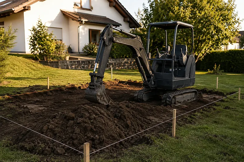 Minibagger hebt in einem Garten Erde aus, daneben liegt der Aushub
