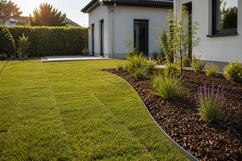 Frisch angelegter Garten mit neu verlegtem Rollrasen und jungen Pflanzen im Beet