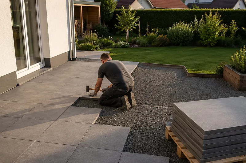 Mitarbeiter klopft eine große Betonplatte auf einer halb fertigen Terrasse fest